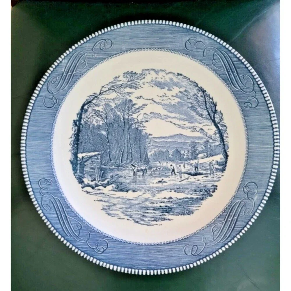 Vintage Royal Currier & Ives Blue Chop Plate Round Plate Platter Getting Ice 12